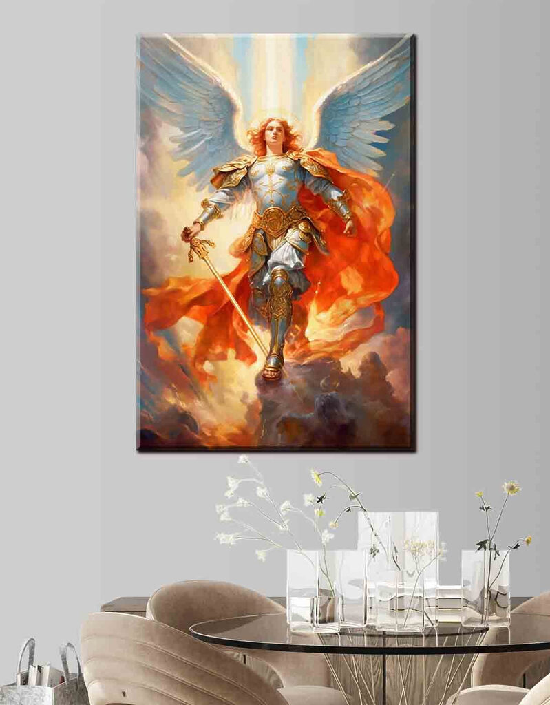 A painting of a person in armor with wings and a sword A painting of a person in armor with wings and a sword