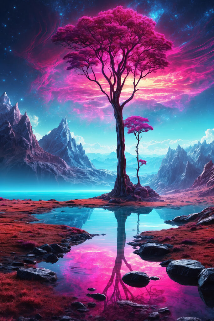 A landscape with a tree and mountains A landscape with a tree and mountains
