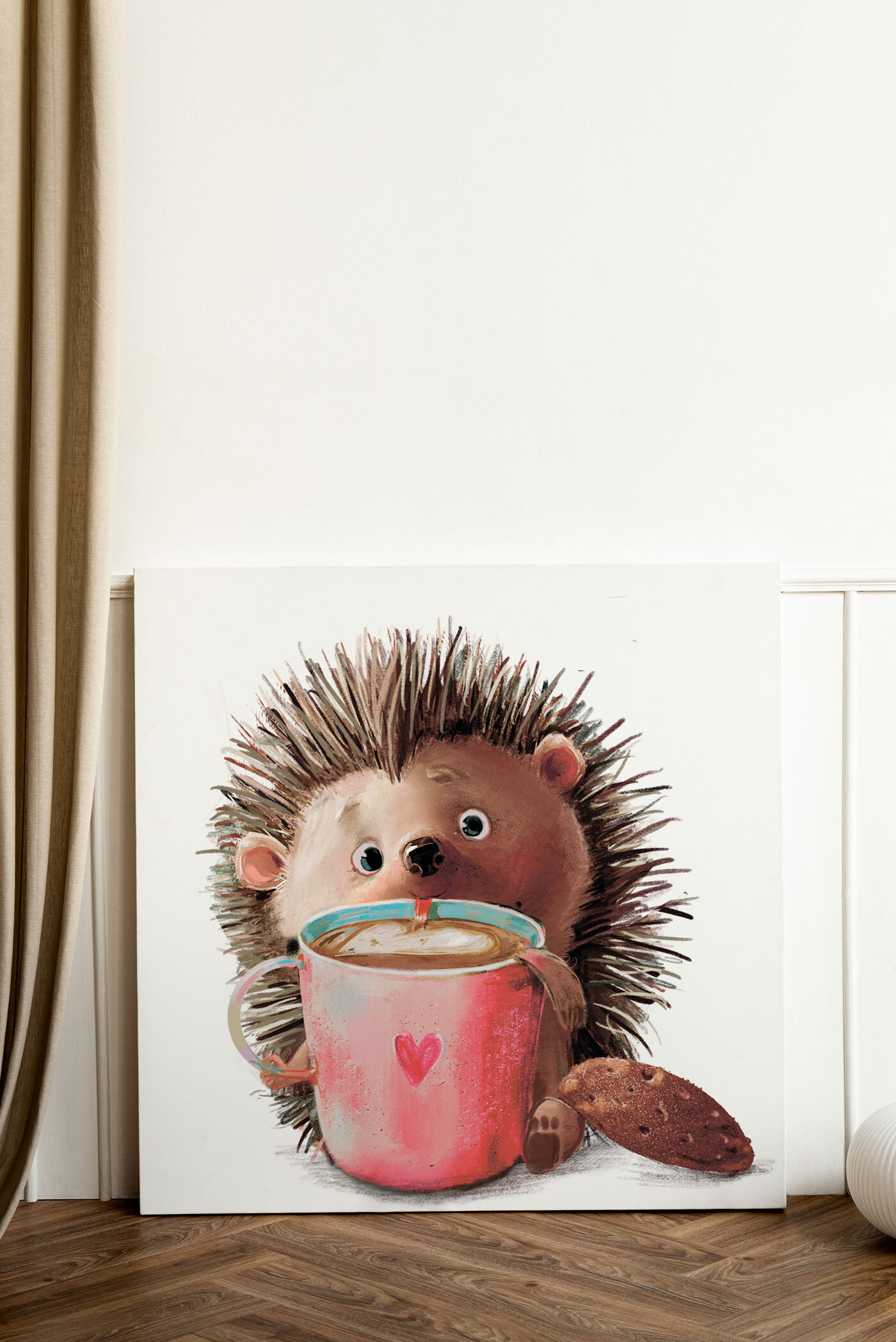 A hedgehog holding a cup of coffee