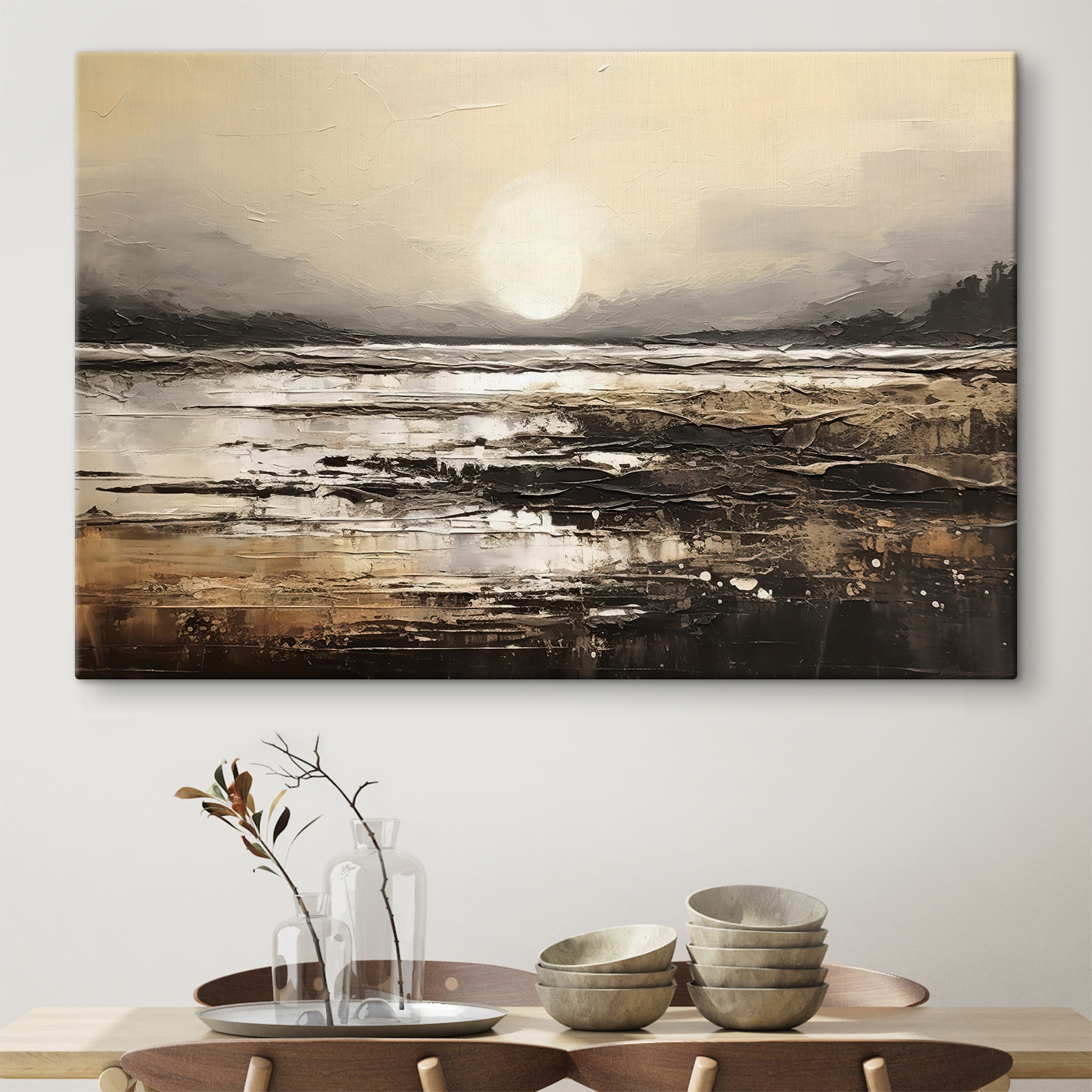 A painting of a beach with the sun in the background A painting of a beach with the sun in the background