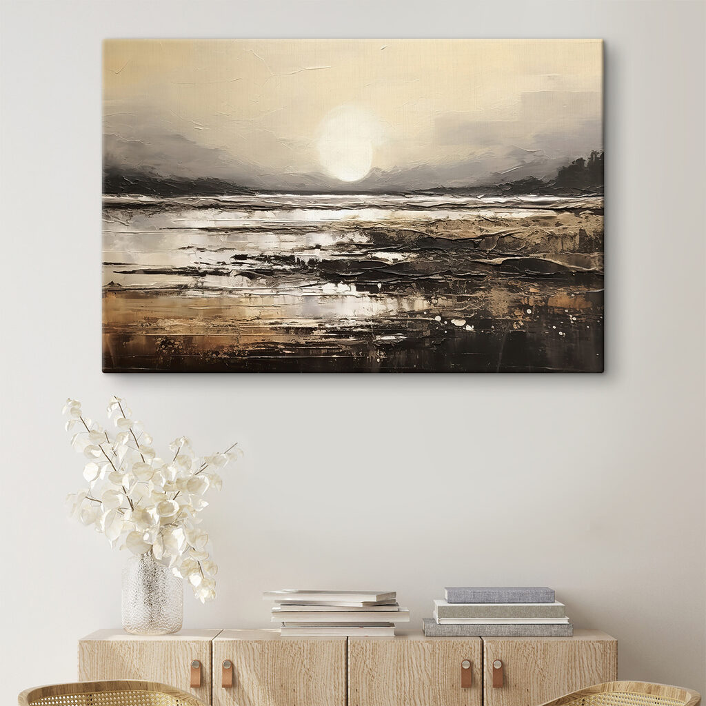 A painting of a beach with the sun in the background A painting of a beach with the sun in the background