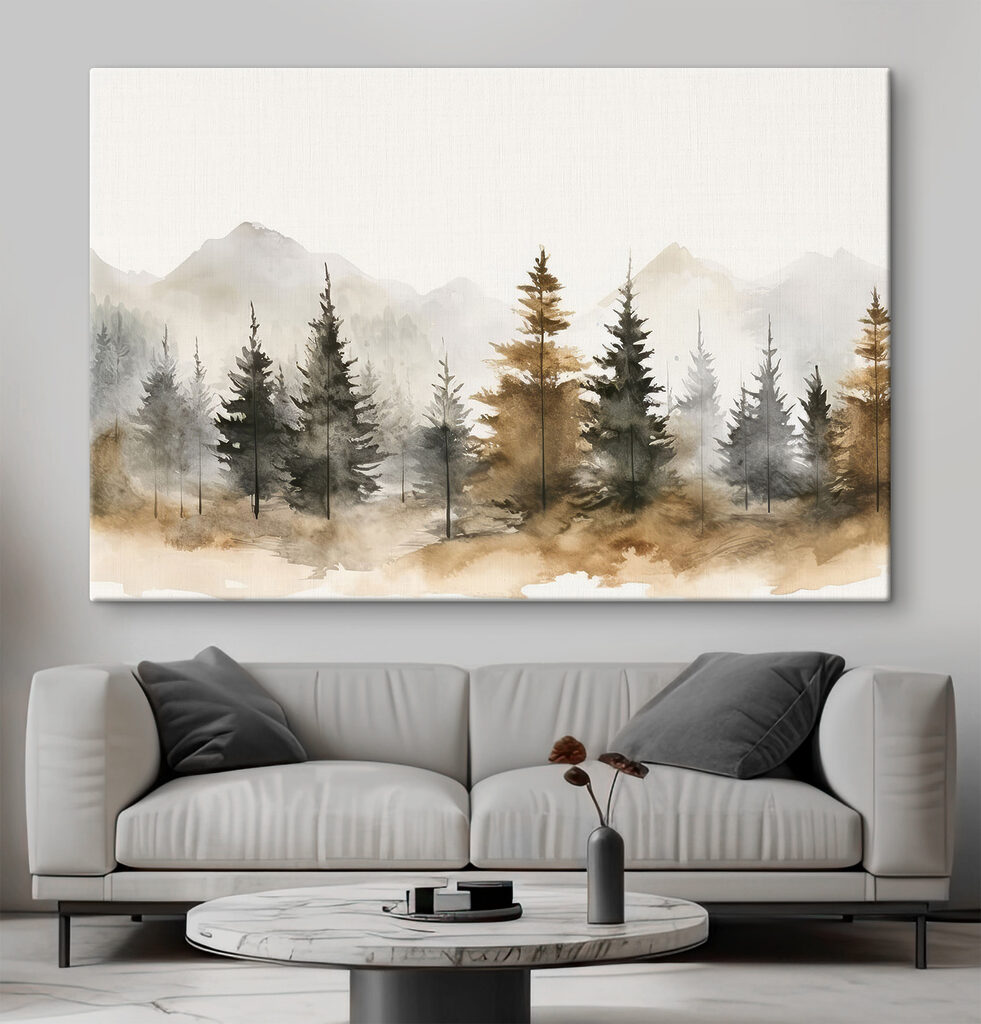 Watercolor of trees and mountains