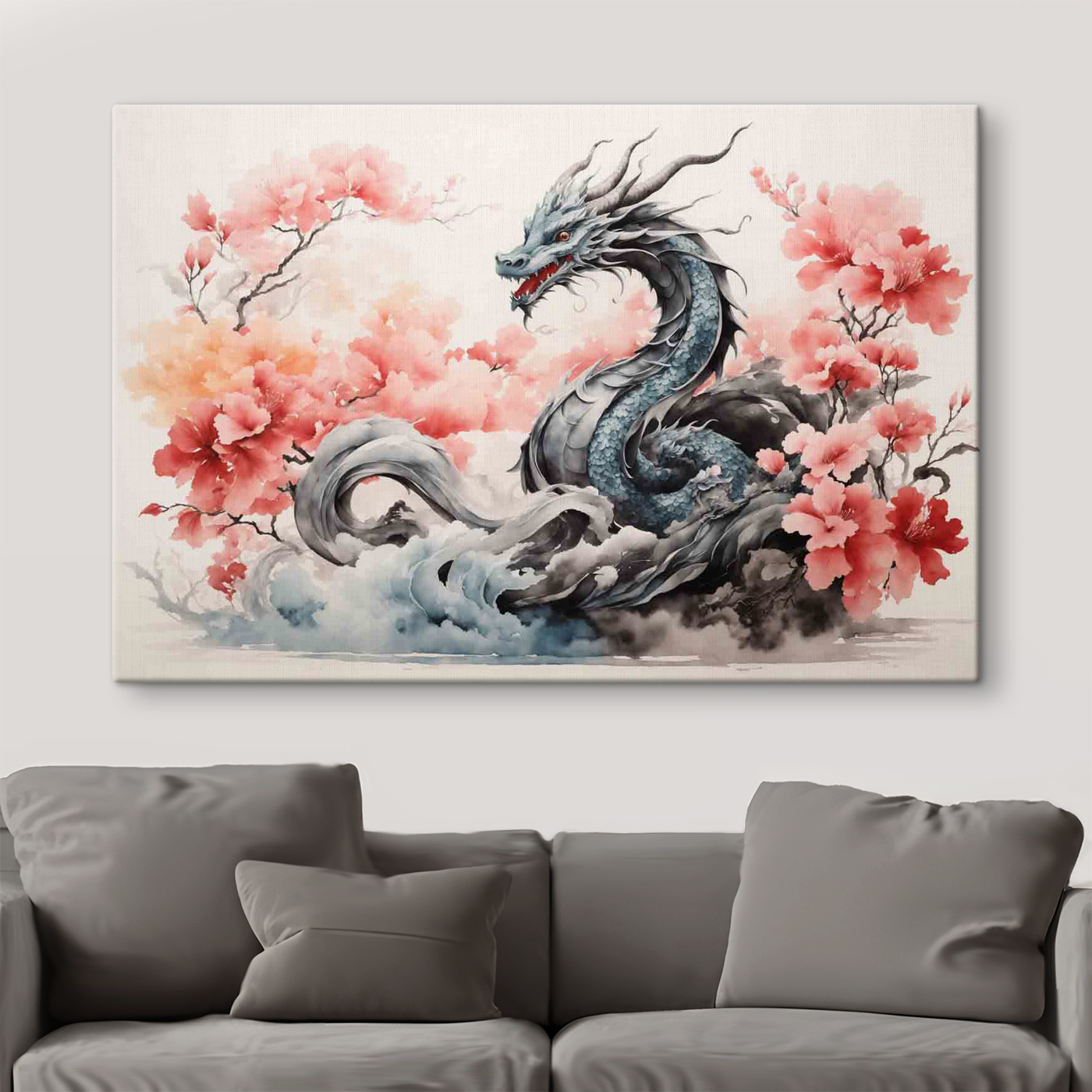 A dragon with pink flowers