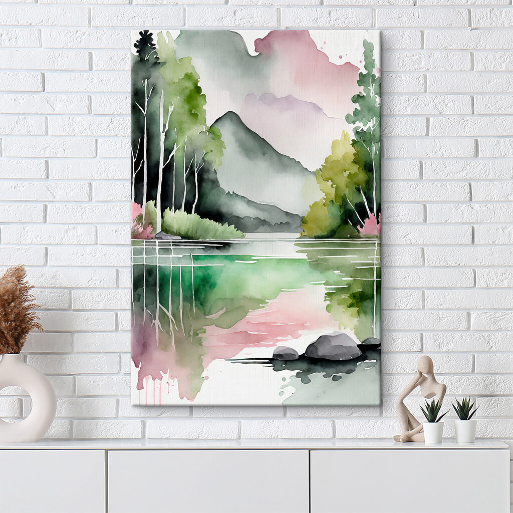 Watercolor painting of a lake with trees and mountains in the background Watercolor painting of a lake with trees and mountains in the background