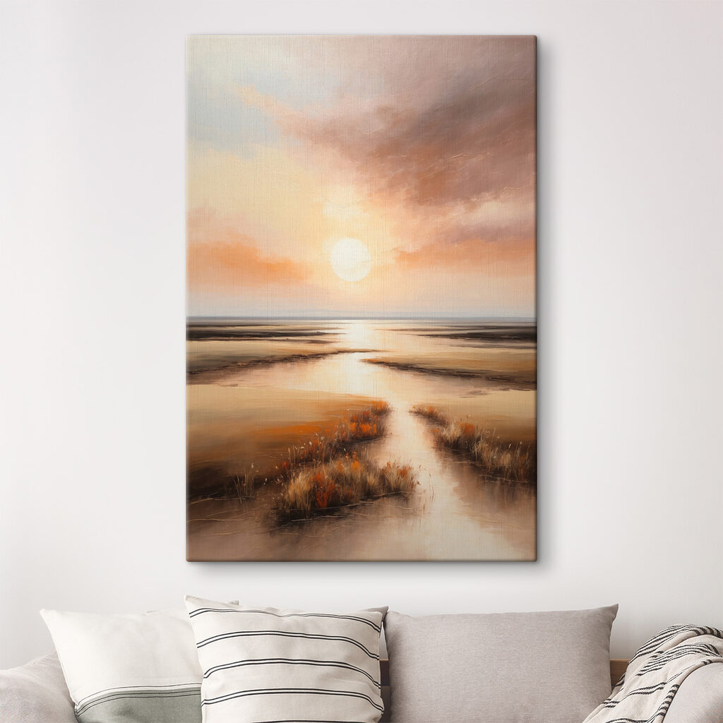 A painting of a sunset over a marsh