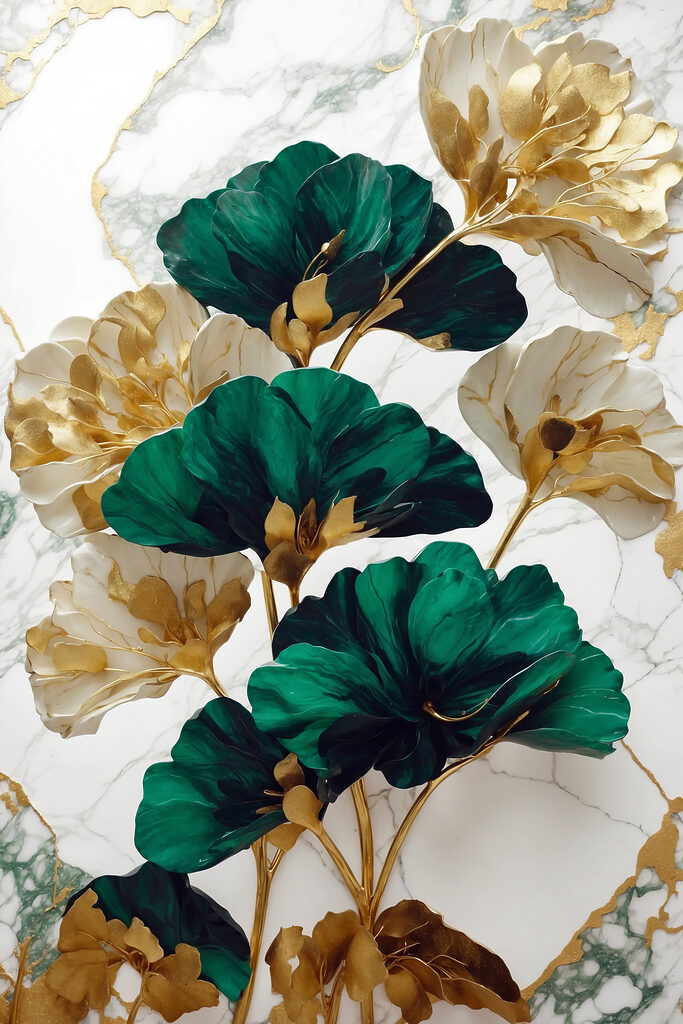 A green and white flowers on a marble surface
