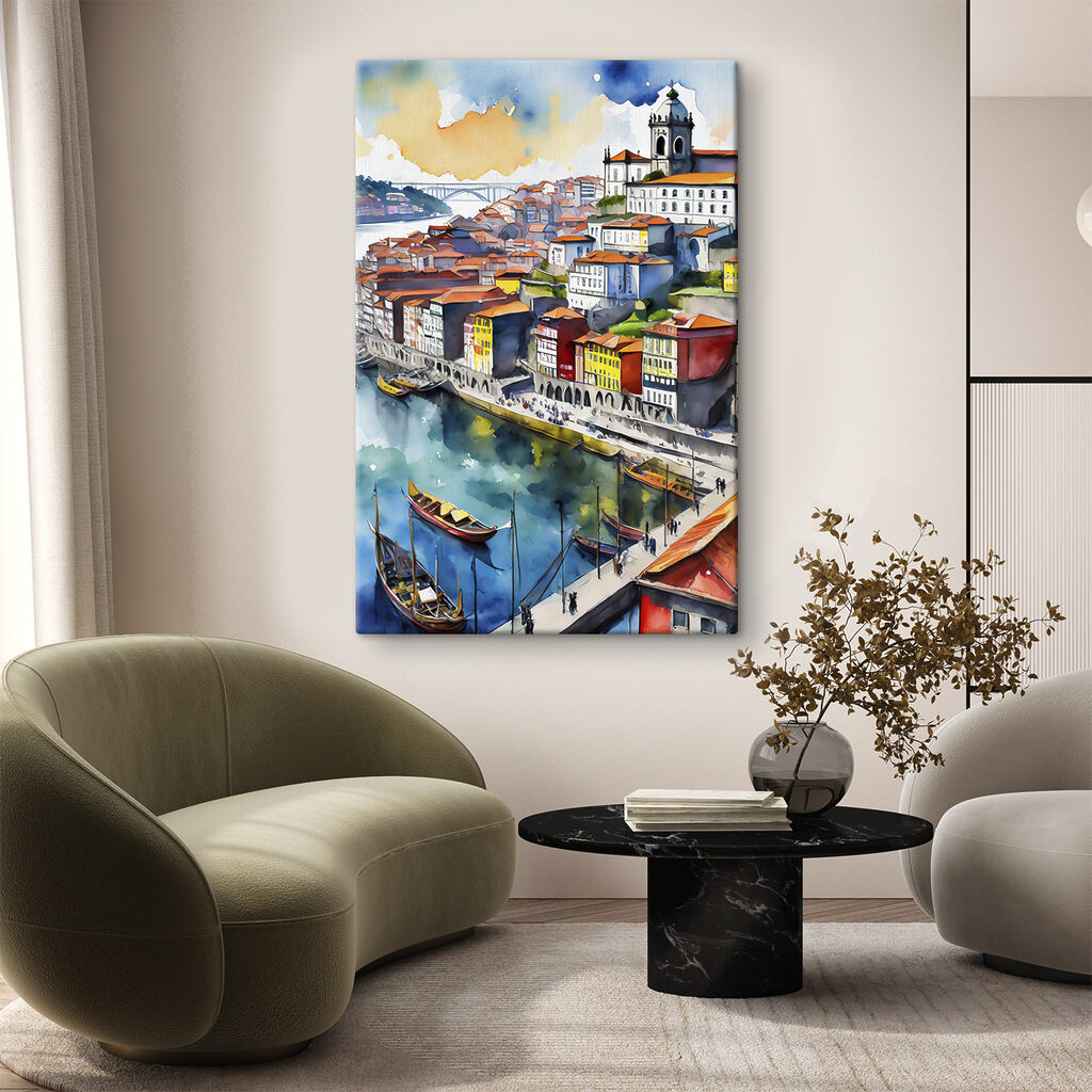 Watercolor of a city with boats and a bridge