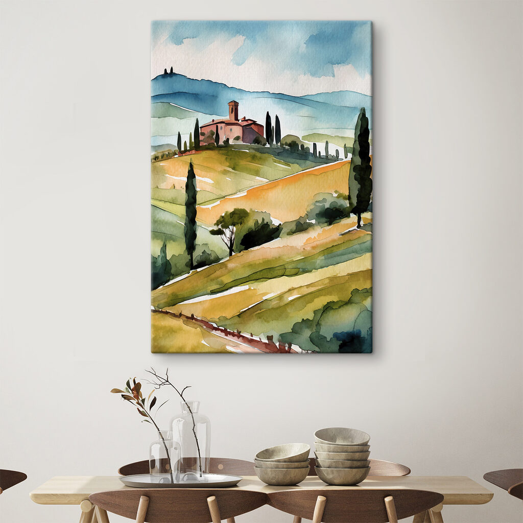 Watercolor of a house on a hill with trees and hills