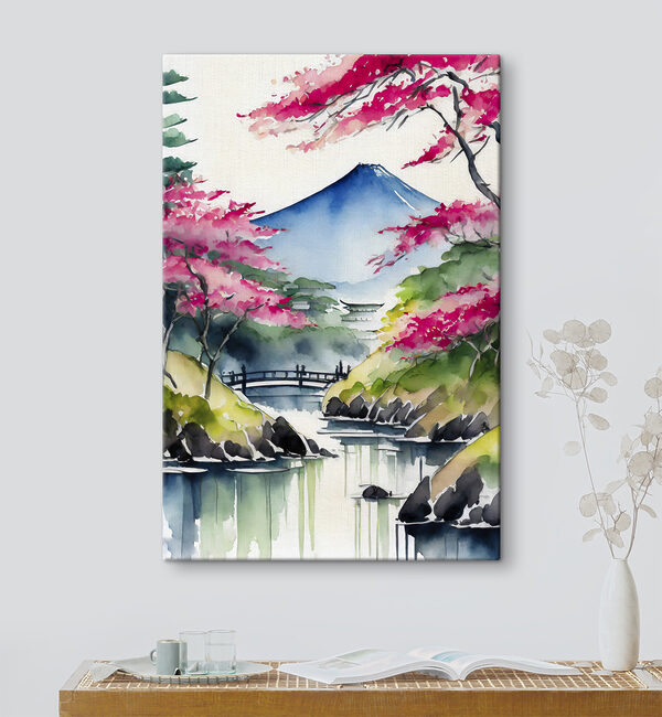 Watercolor painting of a mountain and trees with pink flowers