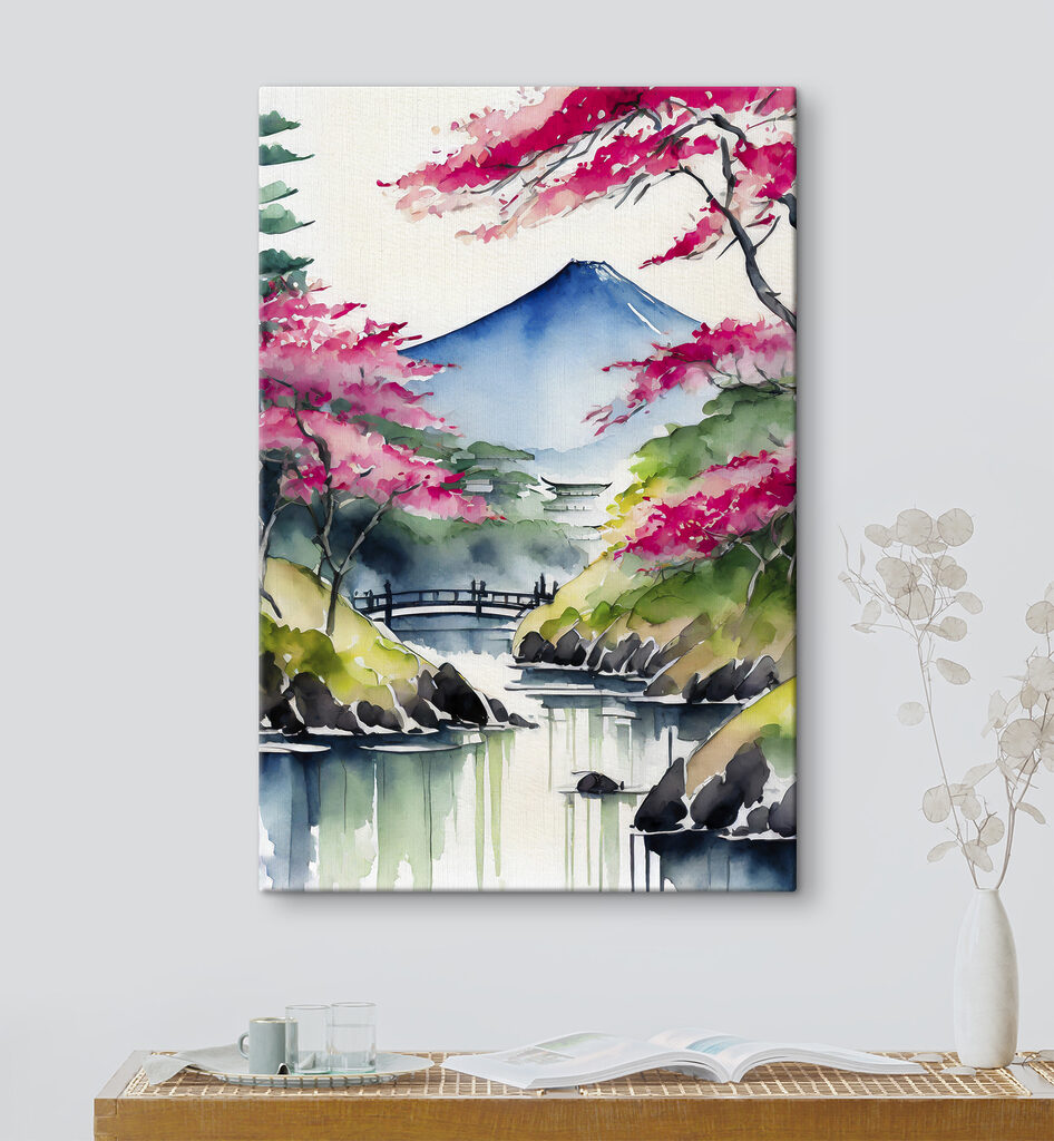 Watercolor painting of a mountain and trees with pink flowers
