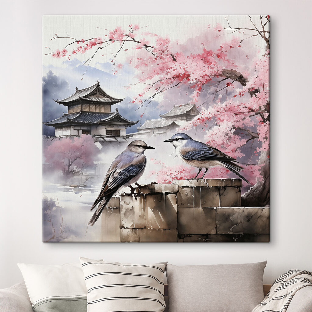 A painting of birds on a wall