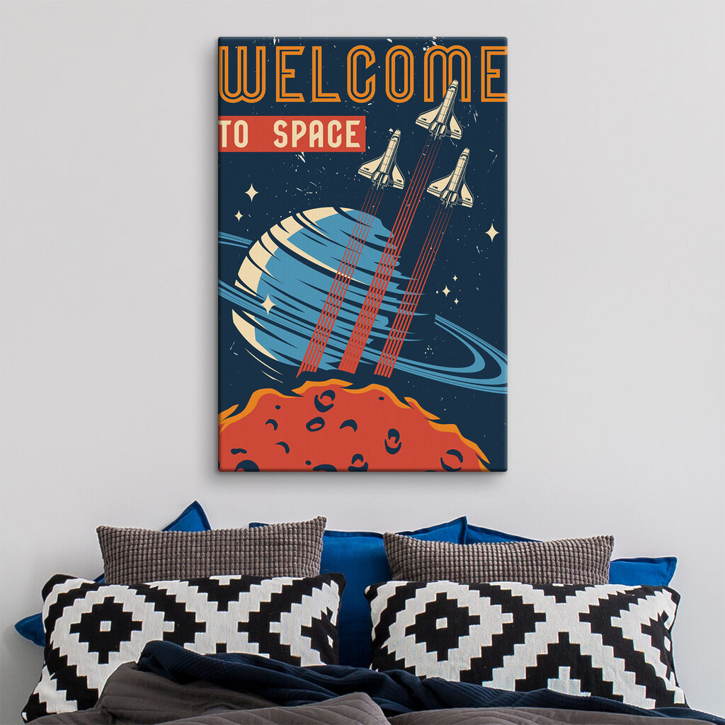 A poster with space shuttles flying in the sky
