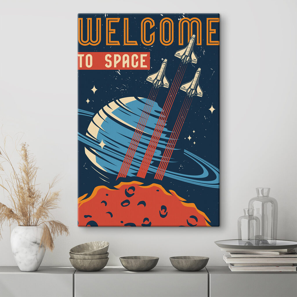 A poster with space shuttles flying in the sky