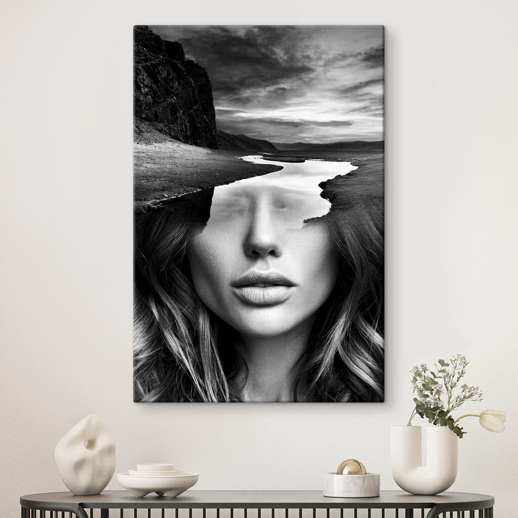 A woman's face with a river and mountains A woman's face with a river and mountains