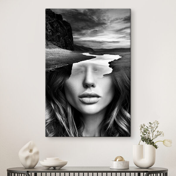 A woman's face with a river and mountains A woman's face with a river and mountains