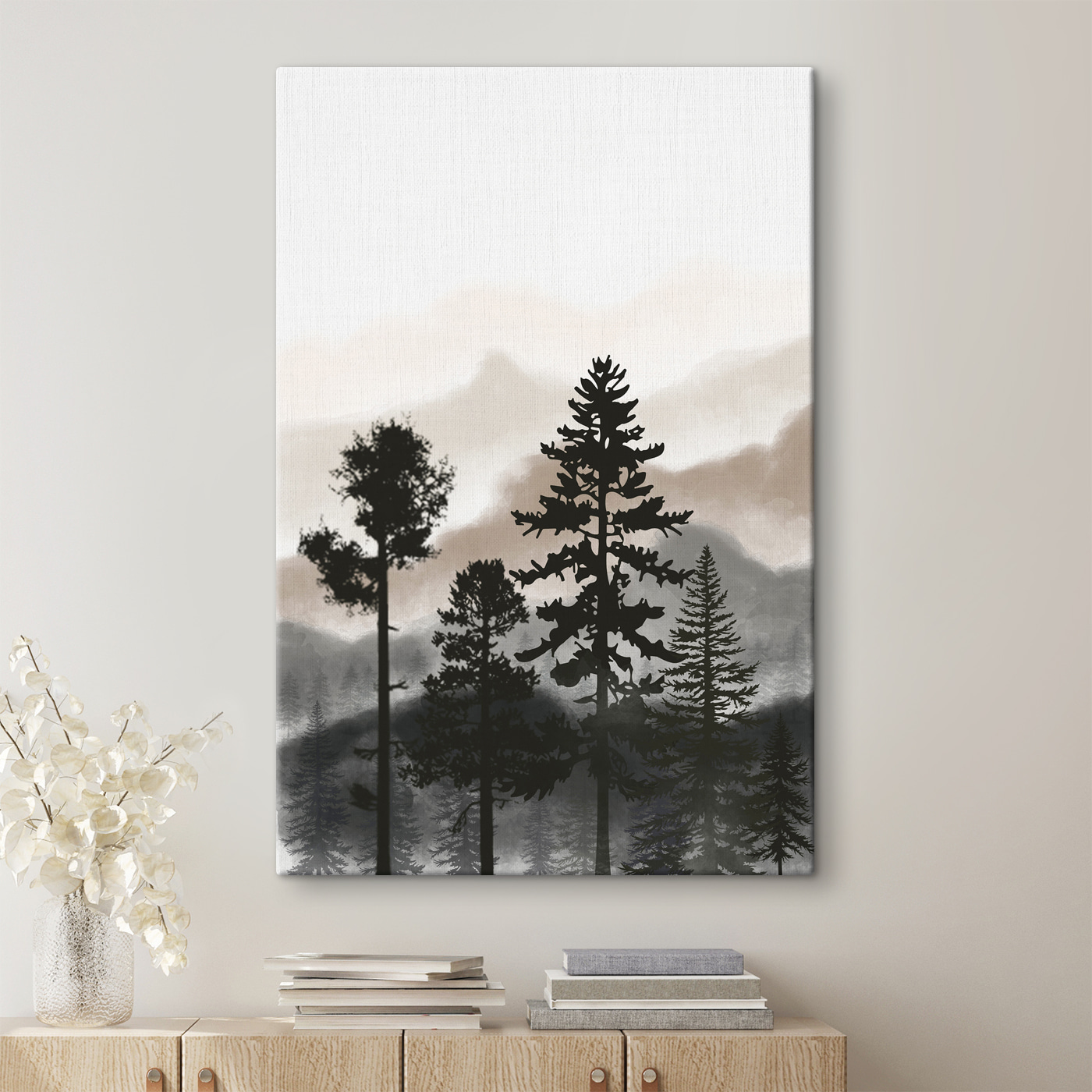 A group of trees in the fog