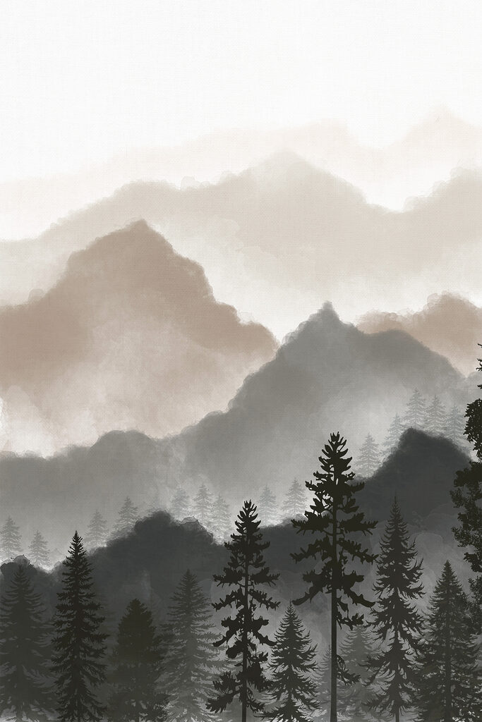 A landscape of mountains and trees