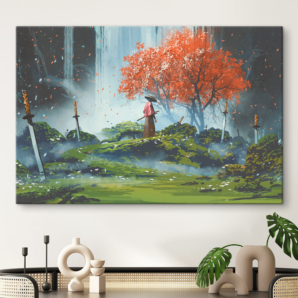 A person standing in a field with swords A person standing in a field with swords