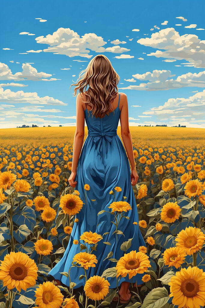 A woman in a blue dress in a field of sunflowers A woman in a blue dress in a field of sunflowers