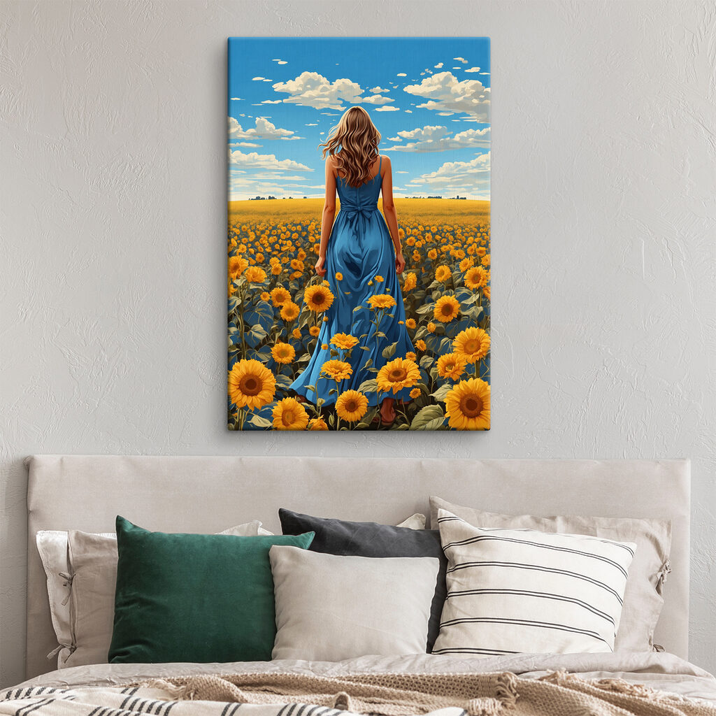 A woman in a blue dress in a field of sunflowers A woman in a blue dress in a field of sunflowers