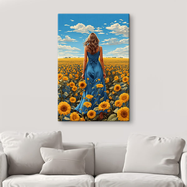 A woman in a blue dress in a field of sunflowers A woman in a blue dress in a field of sunflowers