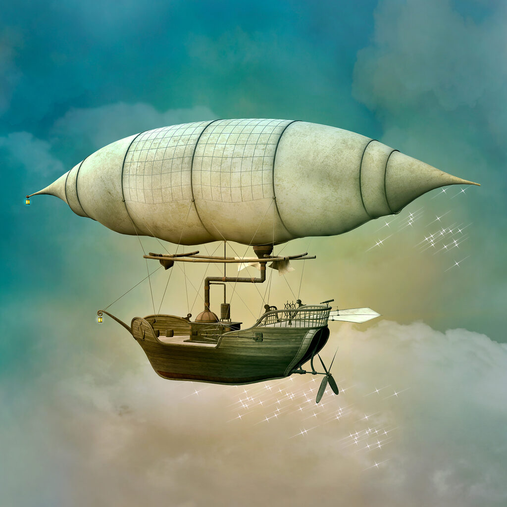 A steampunk airship in the sky