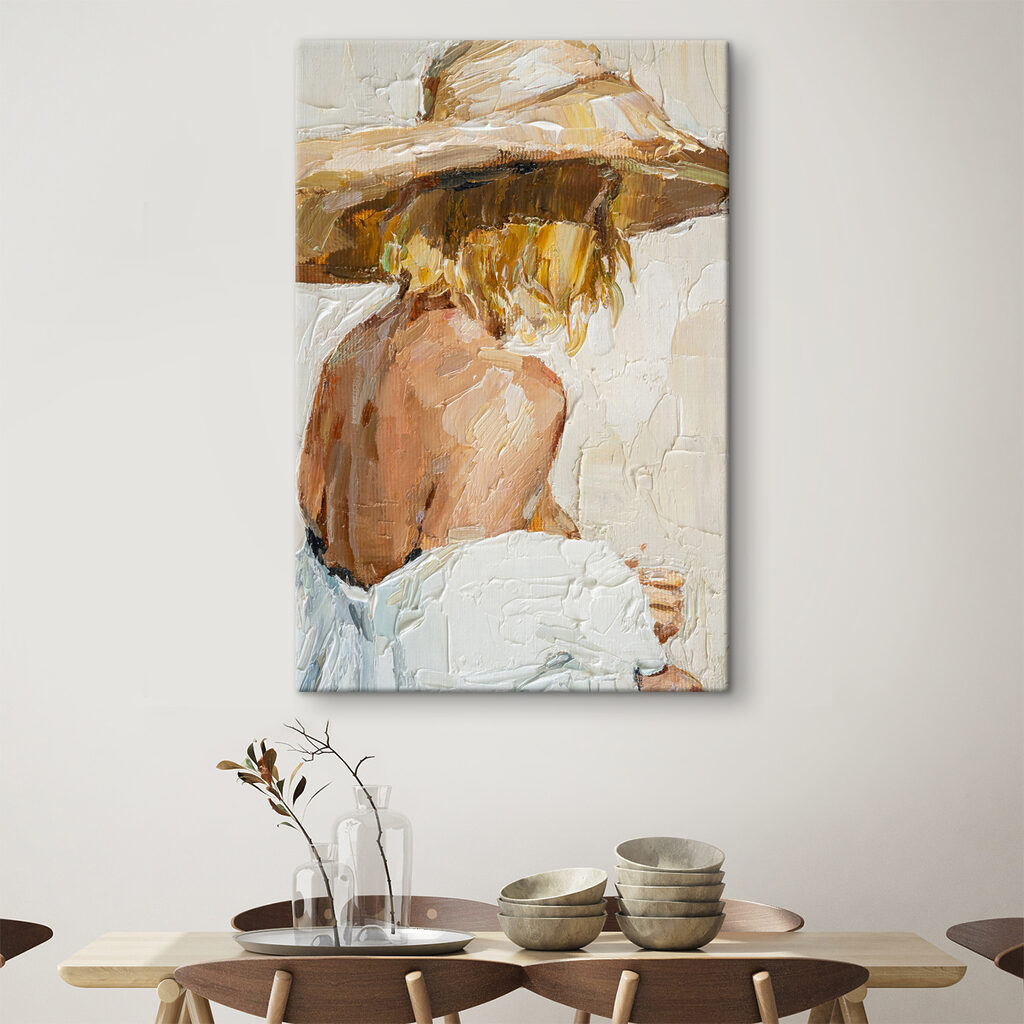 A painting of a woman wearing a hat