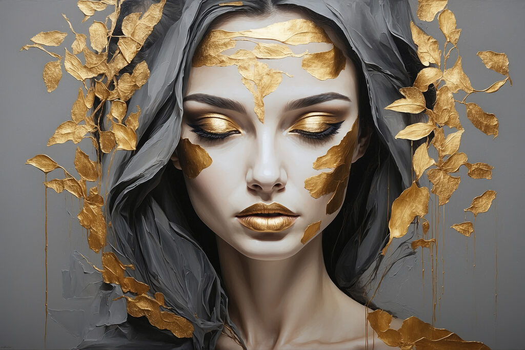 Ethereal beauty adorned in metallic leaves Ethereal beauty adorned in metallic leaves