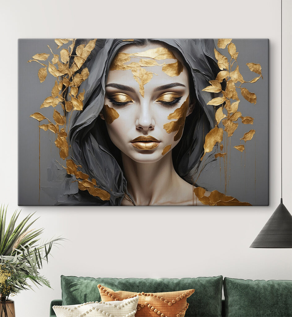 Ethereal beauty adorned in metallic leaves Ethereal beauty adorned in metallic leaves