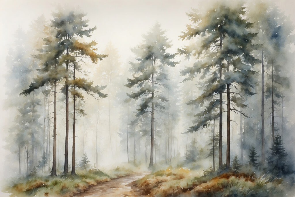 A watercolor painting of a forest