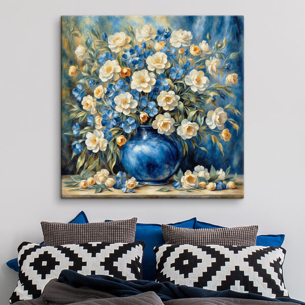 A painting of flowers in a blue vase A painting of flowers in a blue vase