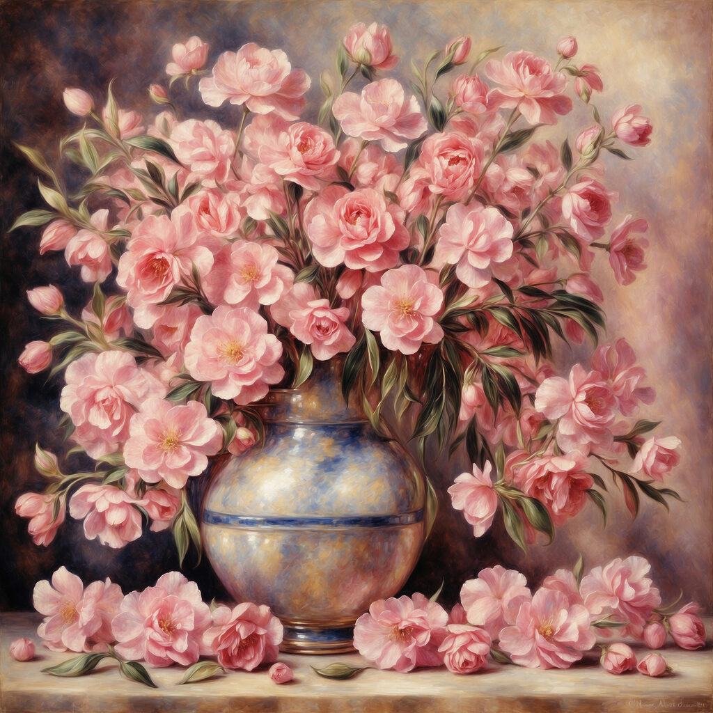 A painting of pink flowers in a vase