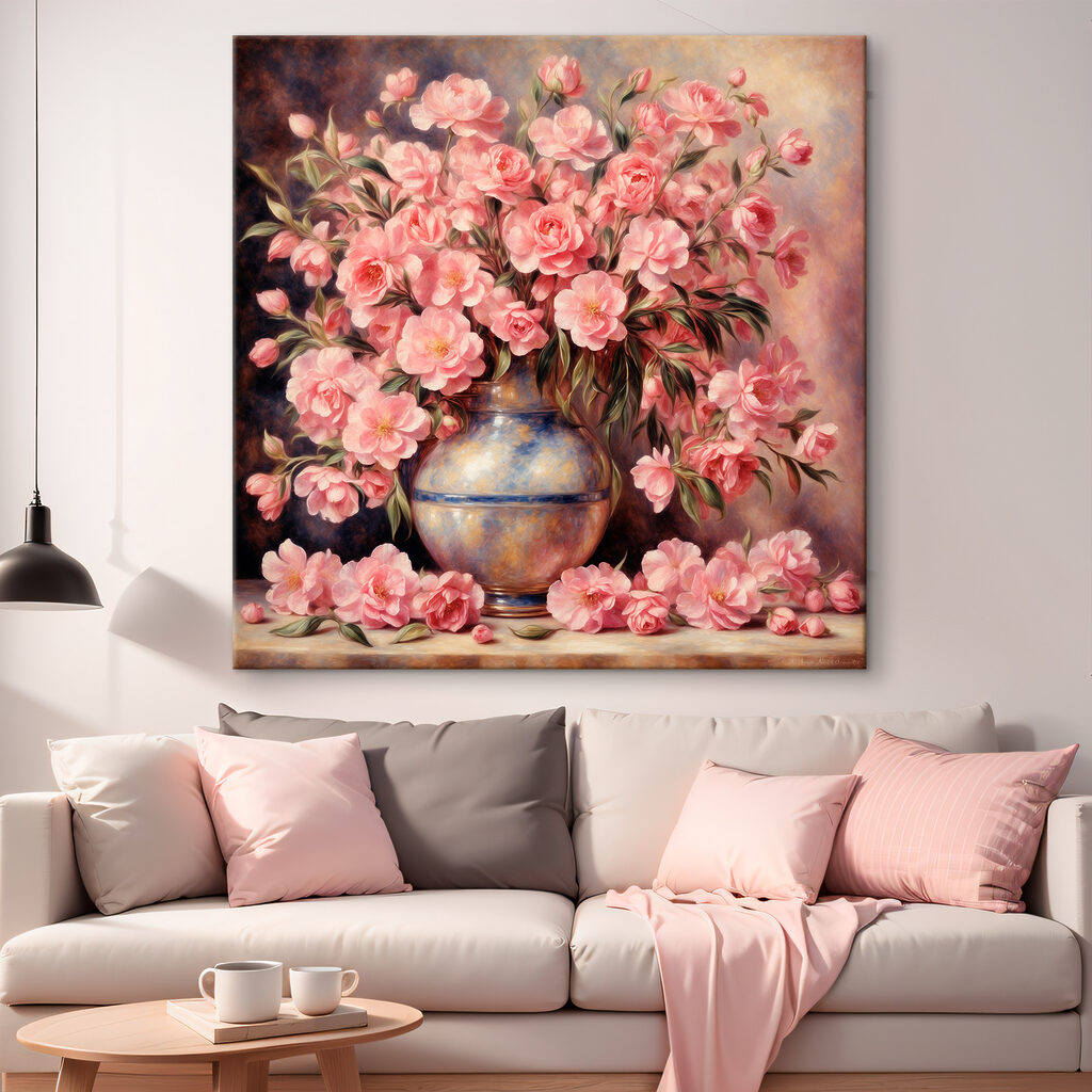 A painting of pink flowers in a vase