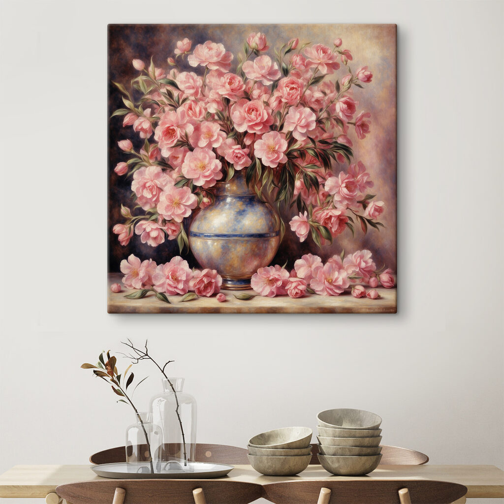 A painting of pink flowers in a vase