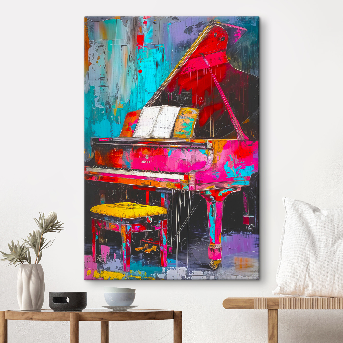 A pink piano with a stool A pink piano with a stool