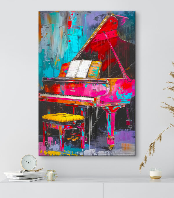 A pink piano with a stool A pink piano with a stool