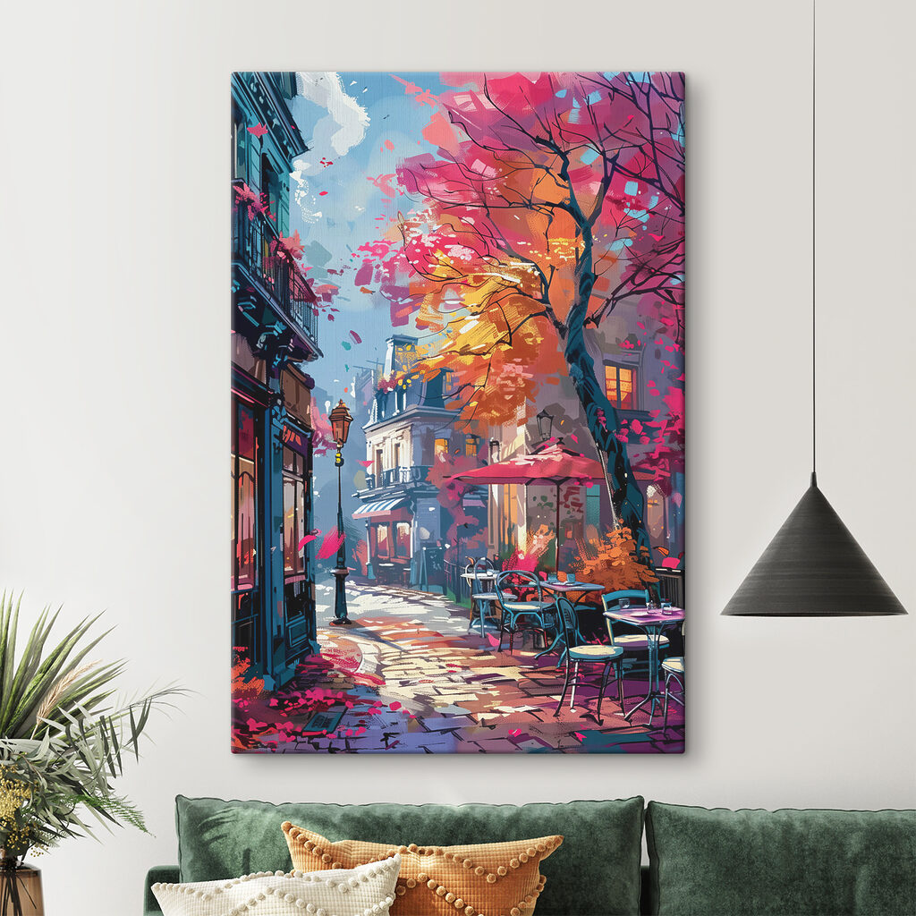 A street with tables and chairs and umbrellas