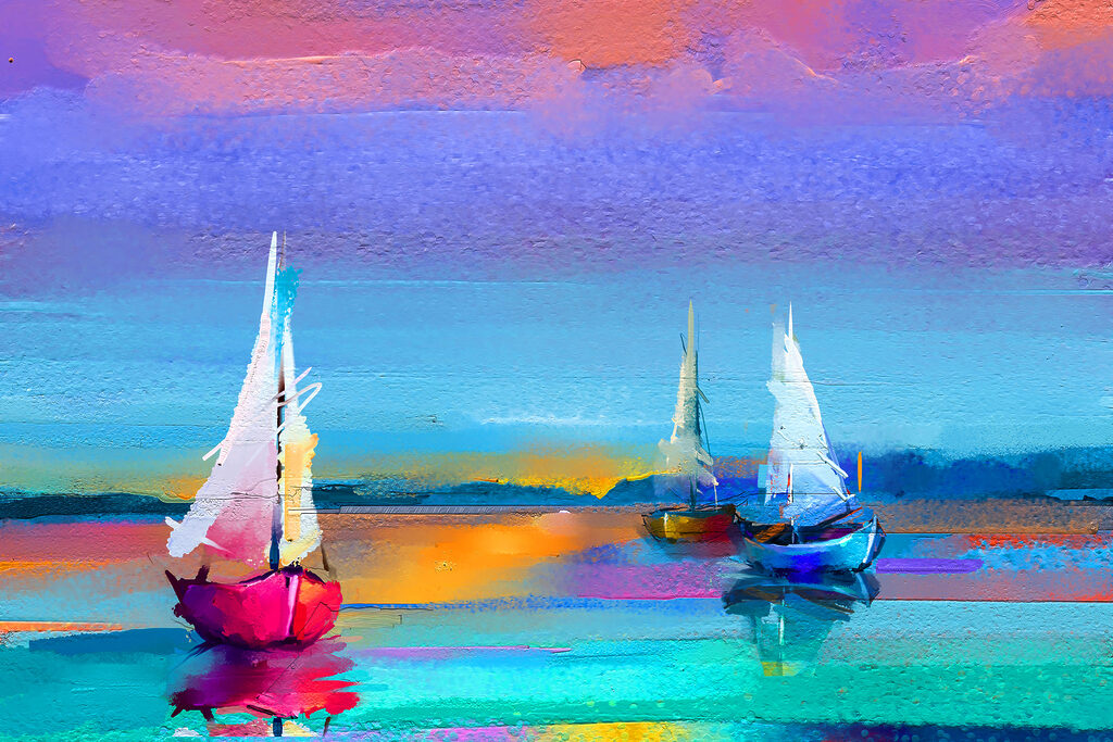 A painting of boats on water A painting of boats on water