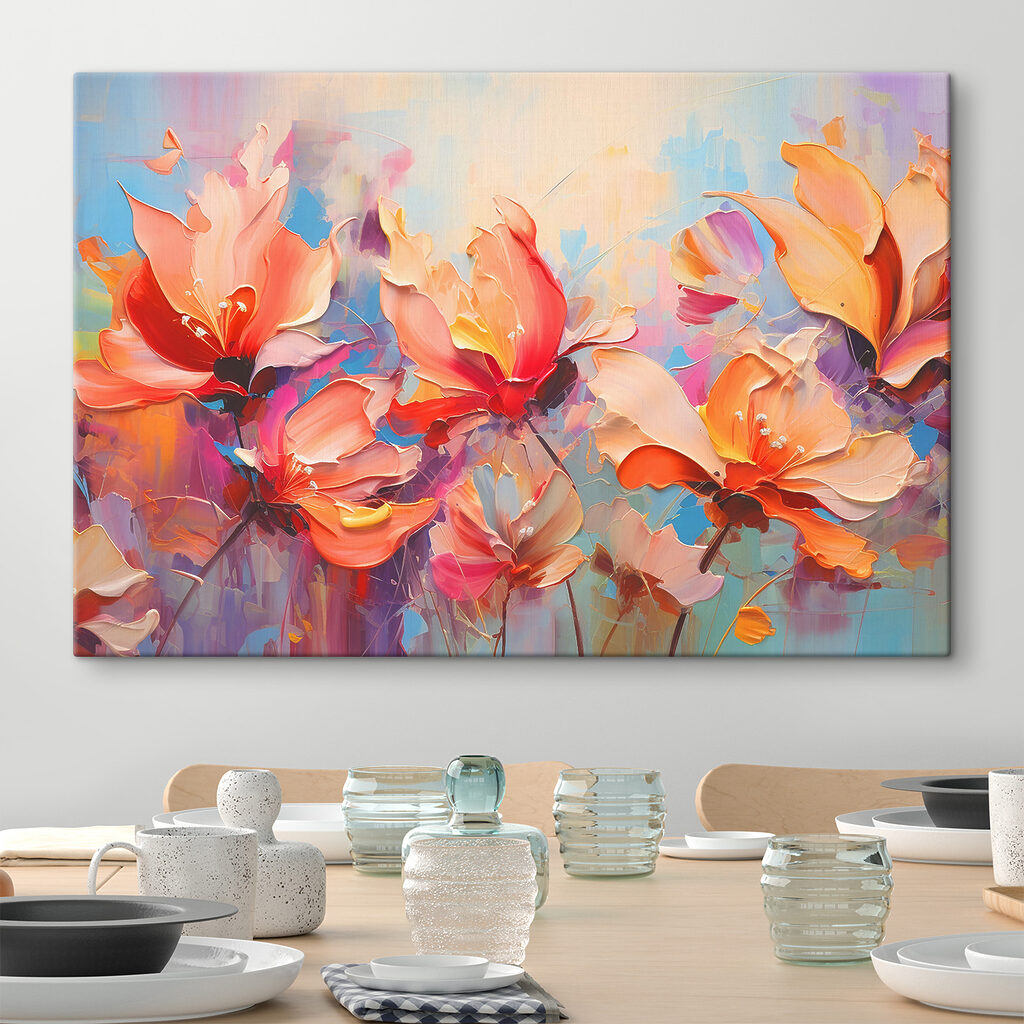 A painting of flowers on a blue background