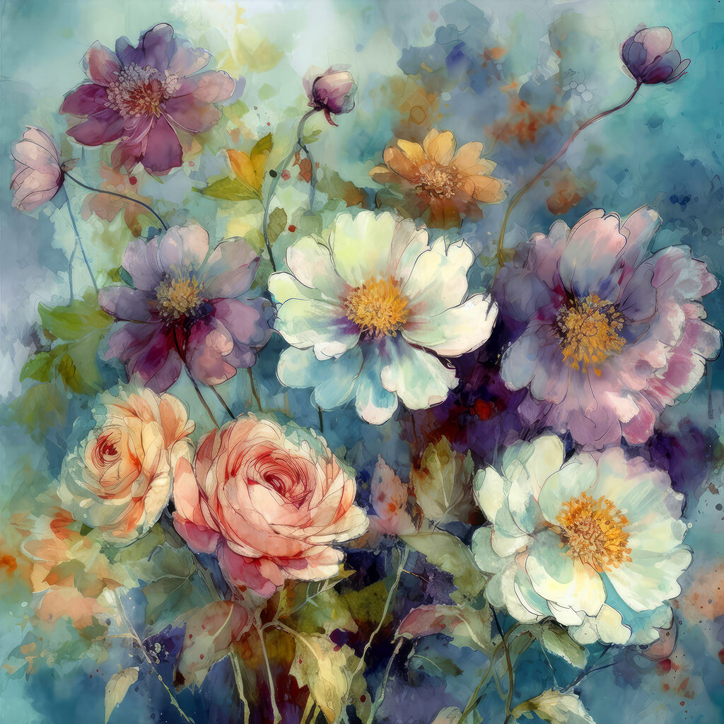 A painting of flowers on a blue background