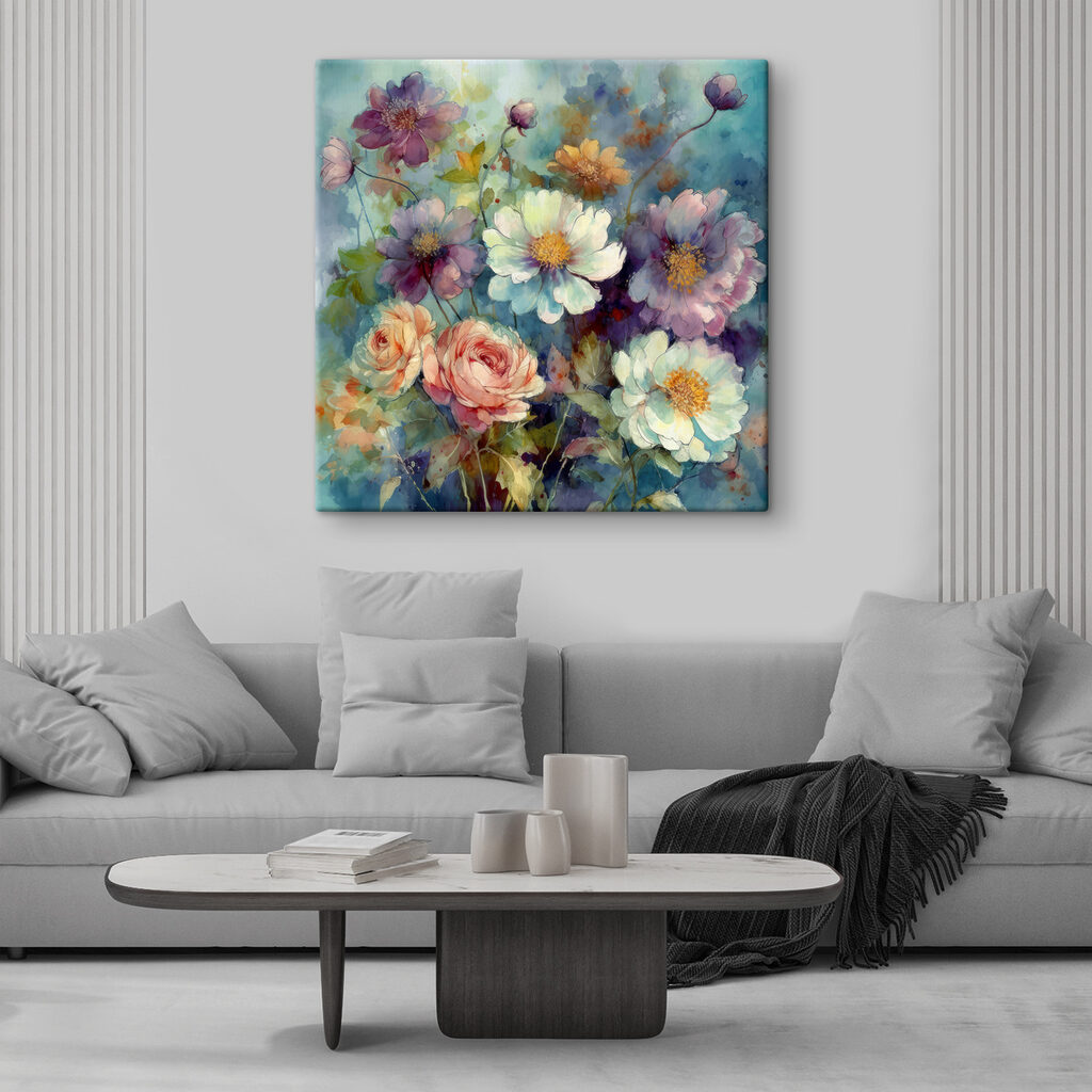 A painting of flowers on a blue background