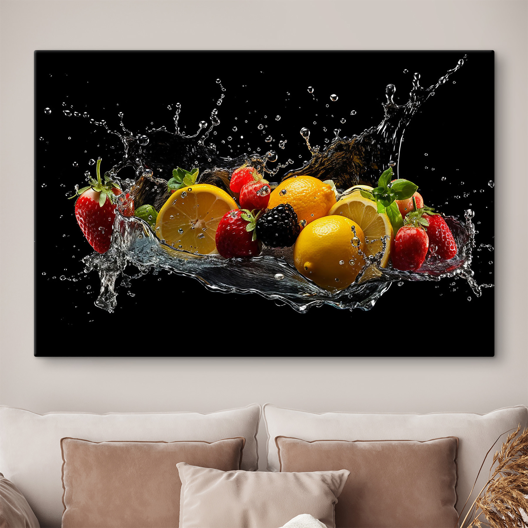 A group of fruits splashing into water