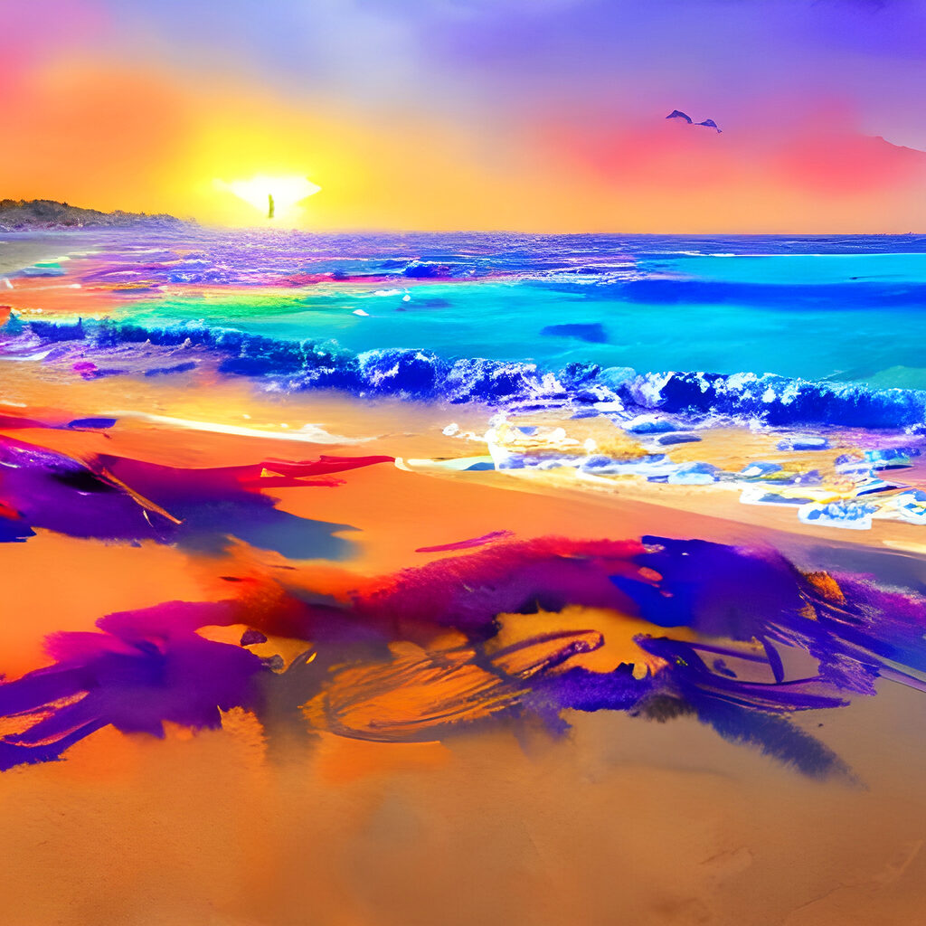 A colorful beach with waves and a sunset