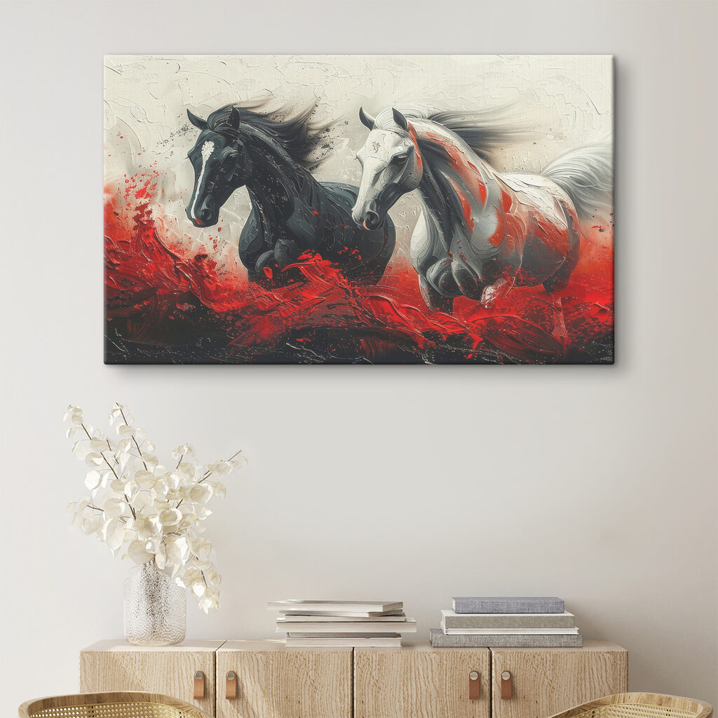 A painting of horses running with red paint