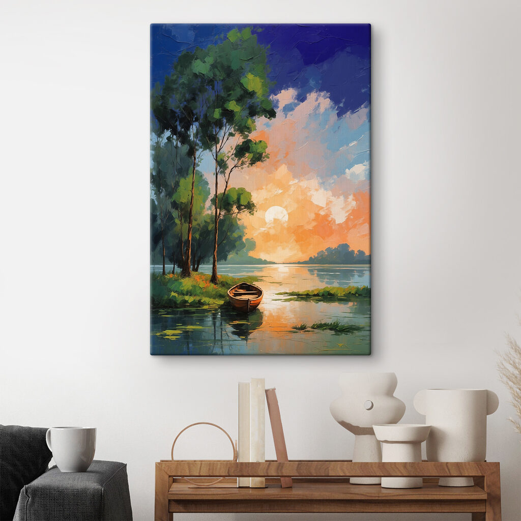 A painting of a boat on a lake A painting of a boat on a lake