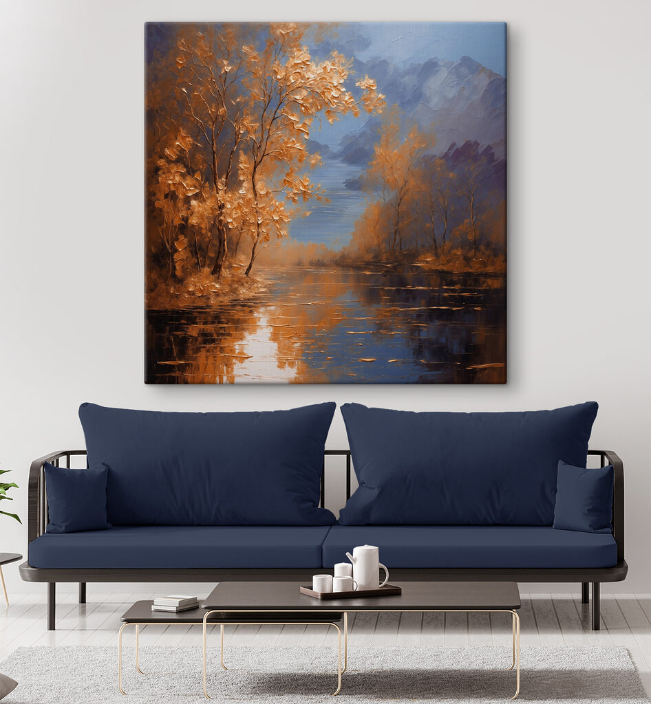 A painting of trees and water