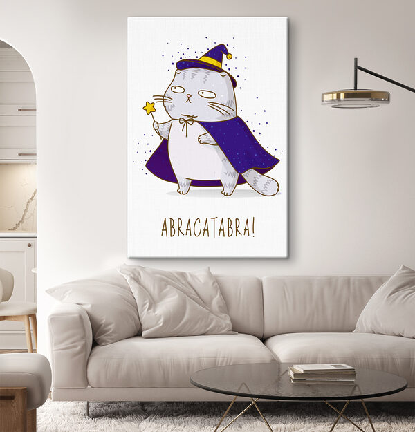 Karikatúra egy varázsló ruhát viselő macskáról Karikatúra egy varázsló ruhát viselő macskáról