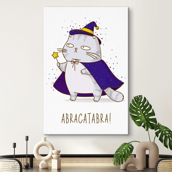 Karikatúra egy varázsló ruhát viselő macskáról Karikatúra egy varázsló ruhát viselő macskáról