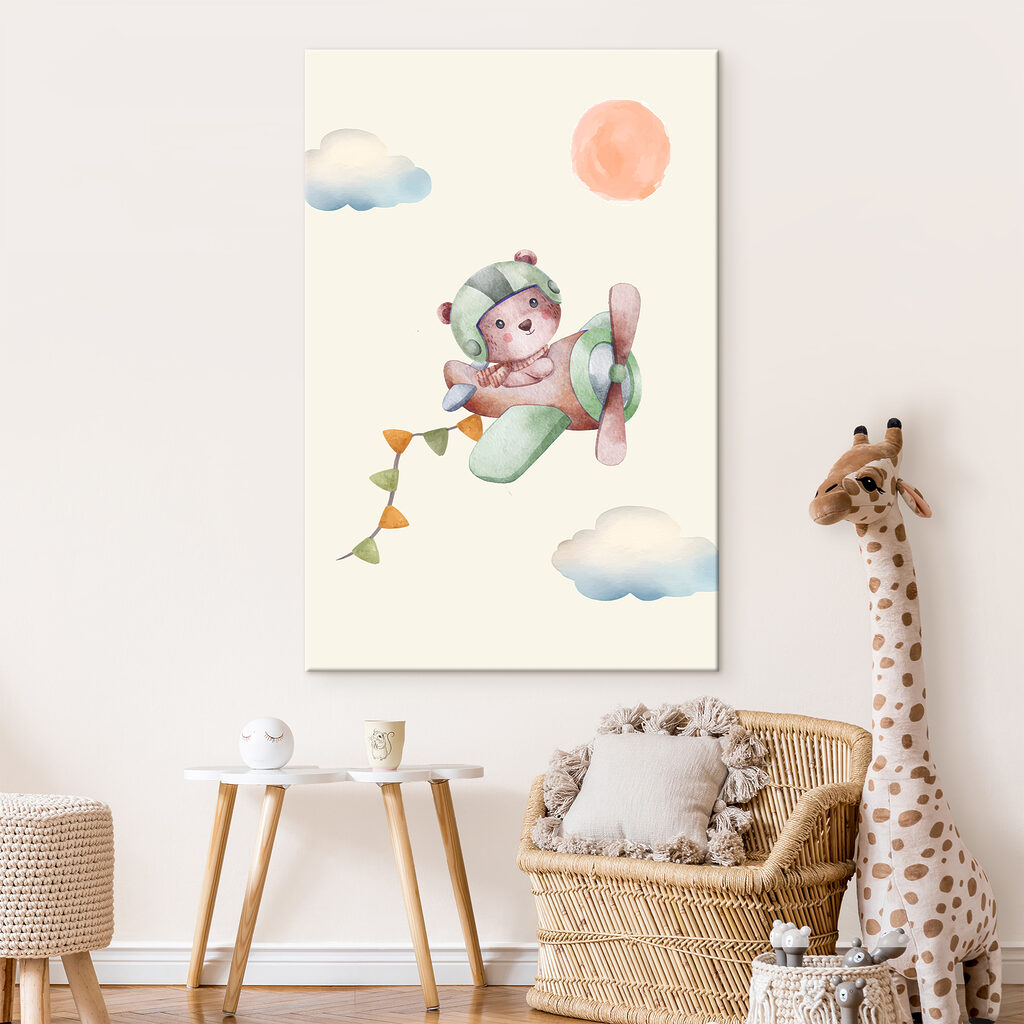 A watercolor painting of a teddy bear in a plane