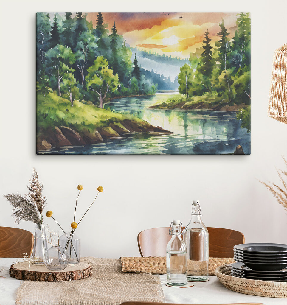 Watercolor painting of a river with trees and mountains in the background